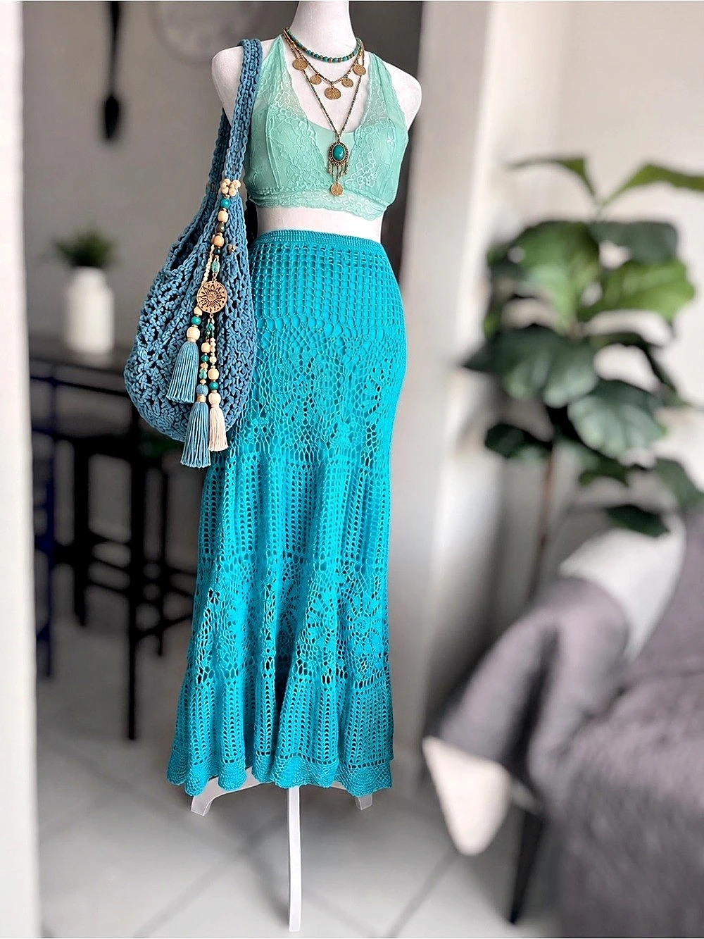 Unbranded Size 12 Turquoise Crochet Maxi Skirt Boho Hippie Festival Beach